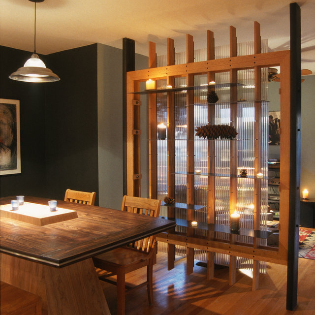 Room Screen glass and wood shelving designed and built by Silent Rivers