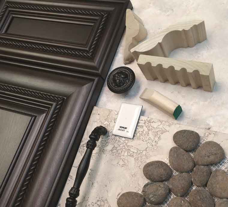 Cabinet, flooring, tile and trim materials for Urbandale master suite remodel by Silent Rivers