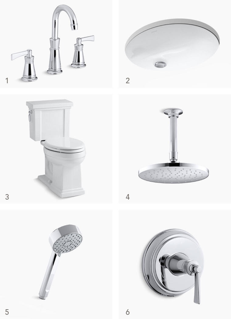Collage of Kohler plumbing fixtures, toilet, shower head, sink, faucet chosen by Silent Rivers for a craftsman bathroom remodel in Des Moines