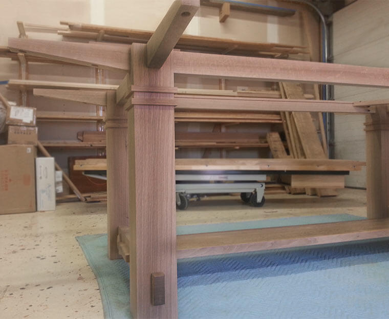White oak craftsman-style table being built in the Silent Rivers woodshop
