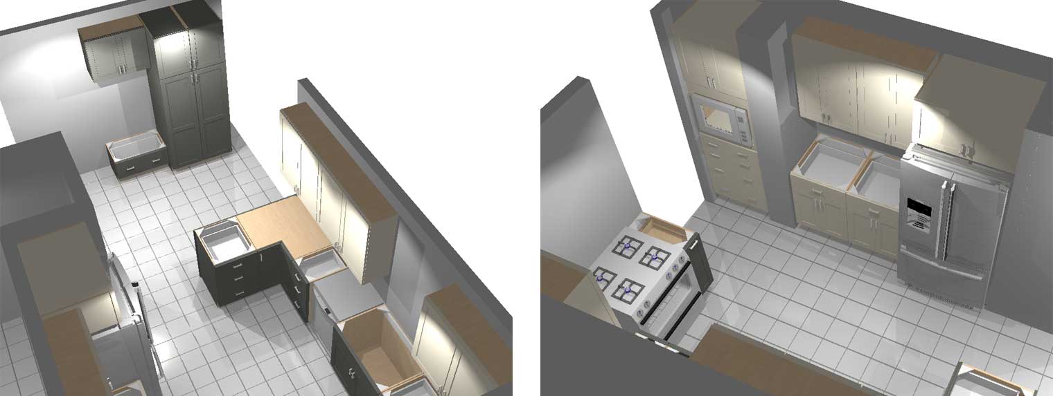 3D rendering of new floor plan for formerly tiled cramped kitchen being remodeled by Silent Rivers, Des Moines