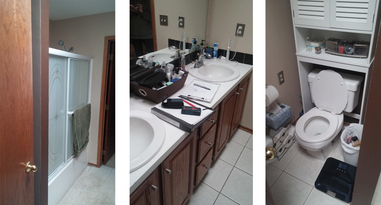 Photos of existing master bathroom in 1989 house showing tub, shower, vanity and toilet areas of 1989 Des Moines being remodeled by Silent Rivers Design+Build