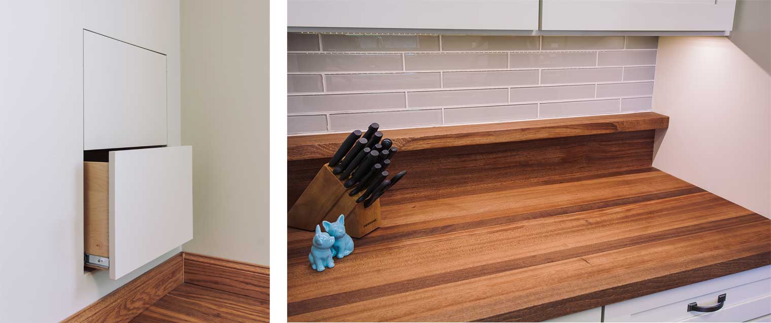 Touch activated drawers and butcher block counter in Des Moines kitchen remodeler Silent Rivers