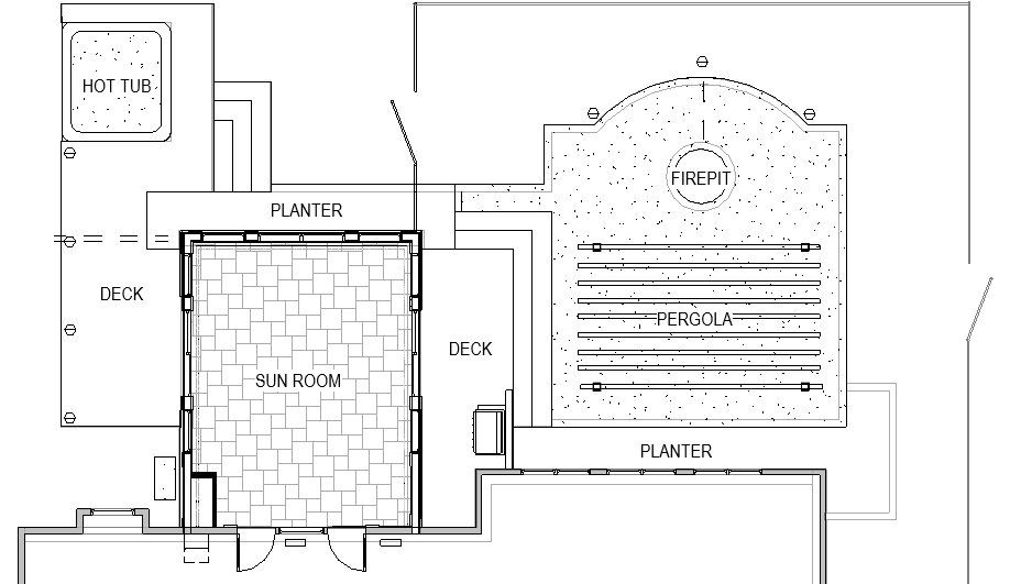 New outdoor living area with deck, pergola, fire pit, hot tub and sunroom addition designed and being built by Silent Rivers of Des Moines, Iowa