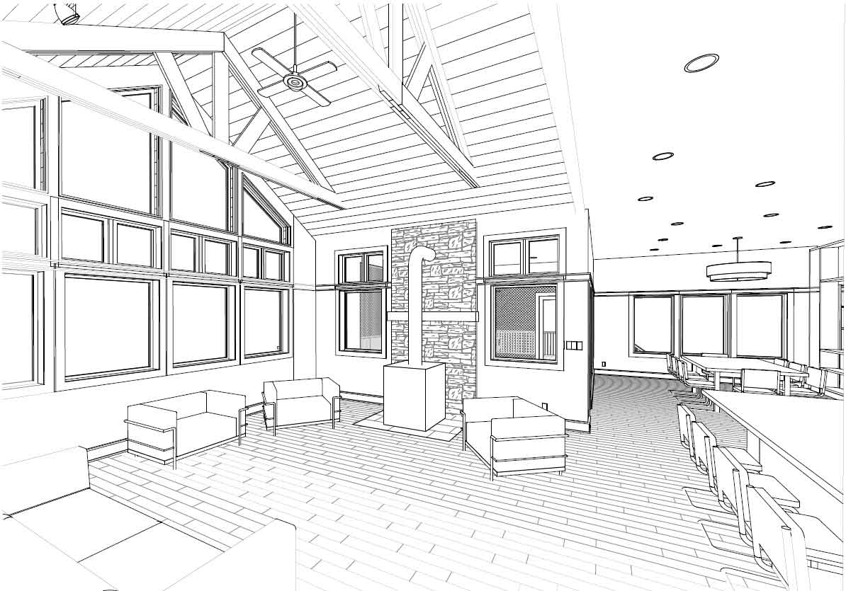 3D view showing family room with tall south windows flowing into kitchen and dining room in not-so-big house designed by Silent Rivers in Des Moines, Iowa