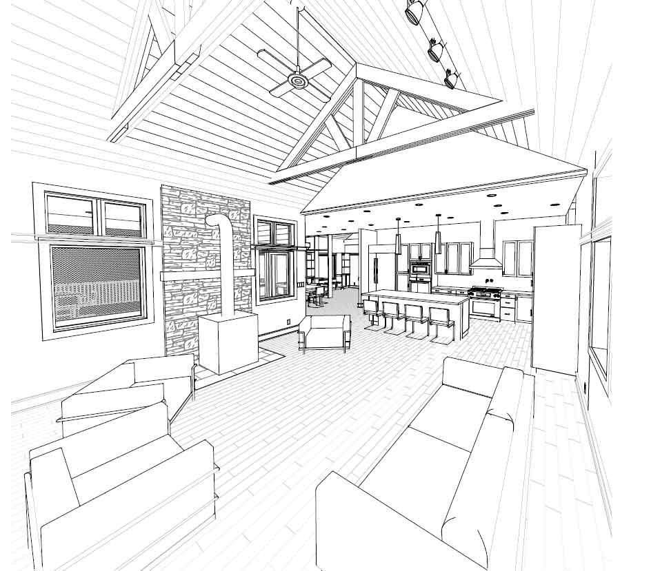 3D view of kitchen and family room shows flow, vaulted ceilings and exposed trusses in cabin-style not-so-big house designed by Silent Rivers in Des Moines, Iowa