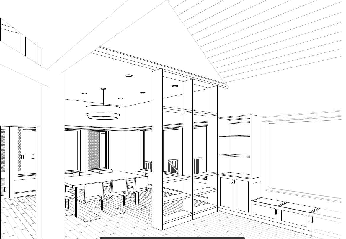 3D view of kitchen in not-so-big house designed by Silent Rivers in Des Moines, Iowa shows cabinetry