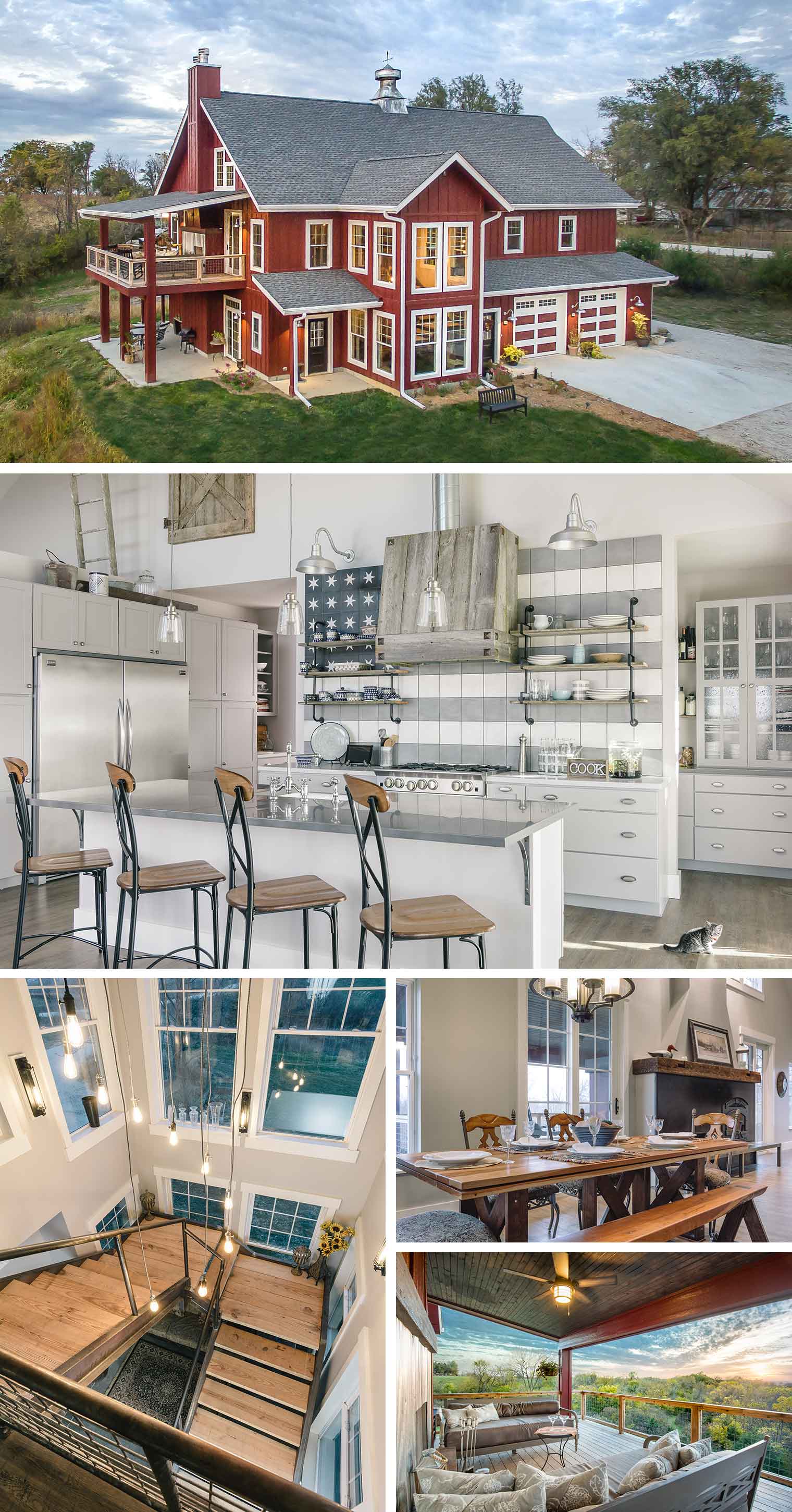 Barn style custom new home in St. Charles, Iowa by Silent Rivers Design+Build of Des Moines features industrial farmhouse style, reclaimed barn wood lumber, custom dining table, steel and plank stairs and deck with fireplace