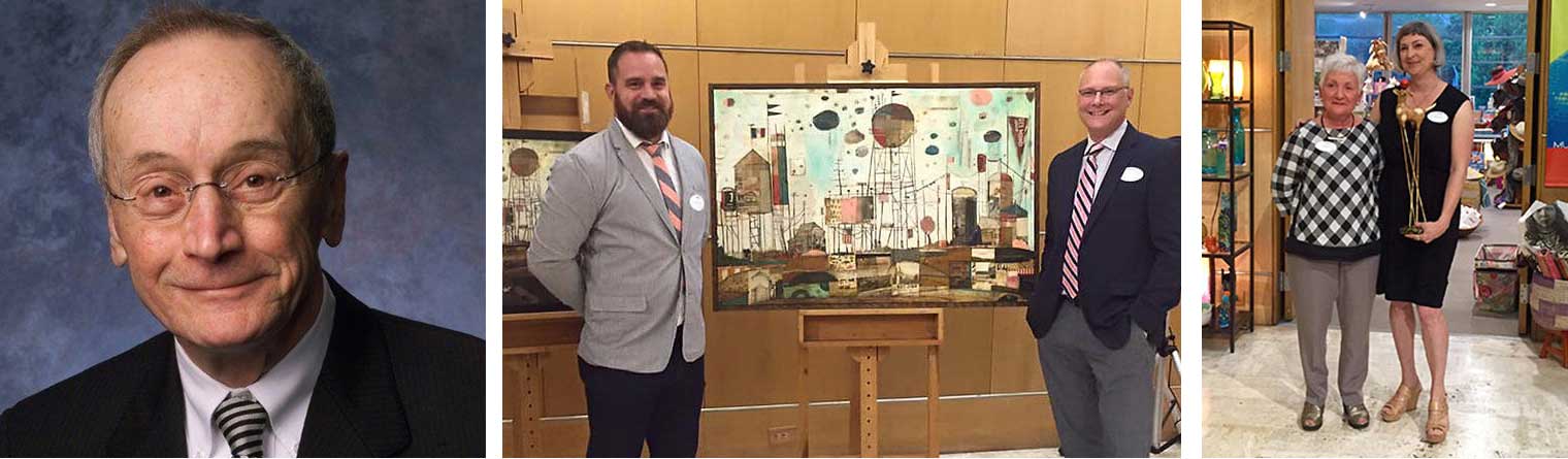 LEFT: David Hurd; MIDDLE: 2016 Commemorative Artist Brice McCasland, a mixed media artist from McKinney, Texas, and Stephen King, Executive Director of the Des Moines Arts Festival; RIGHT: Trudy Hurd with Larassa Kabel who was honored with the David Hurd Innovator of the Year Award.