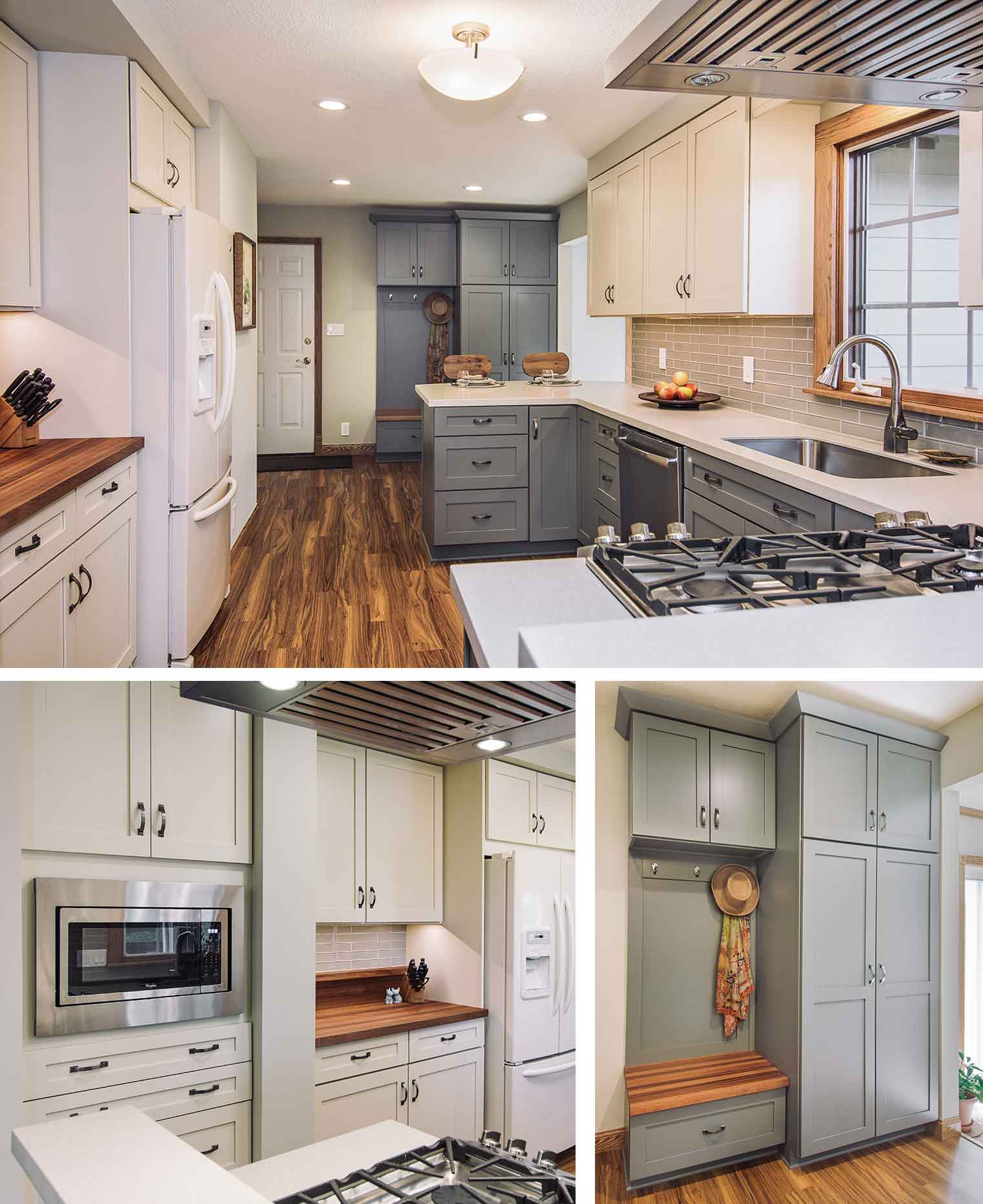 The 1980s dark cabinets and wheat tile counter and backsplash are now happily replaced with cream and gray cabinets, a more open layout and a drop zone near the counter eating area designed and built by Silent Rivers of Des Moines, Iowa
