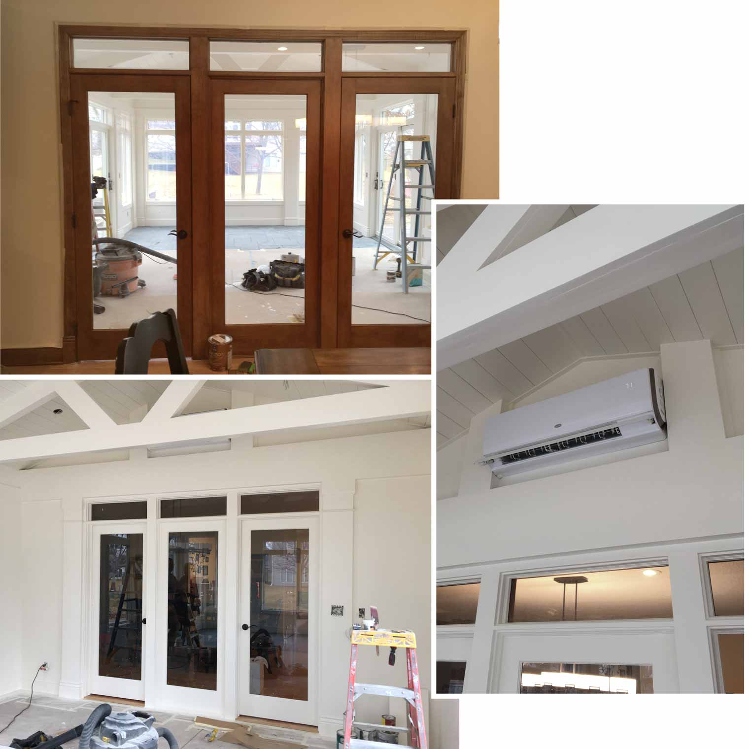 Doors from dining and kitchen areas into sunroom addition with mini-split ductless heating system in Des Moines sunroom addition designed and being built by Silent Rivers