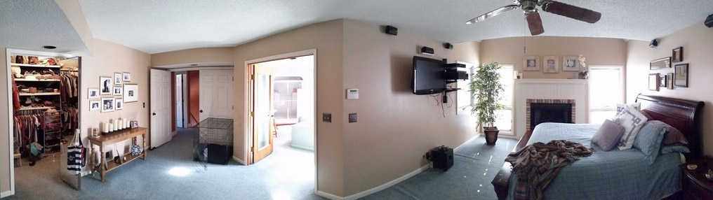 Before photo panoramic showing lack of focal point in master suite to be remodeled by Silent Rivers of Des Moines