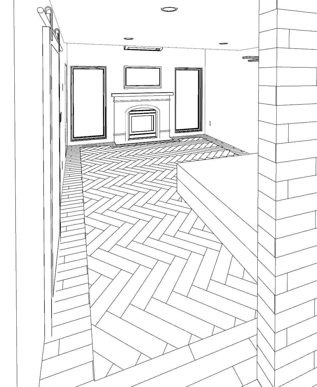 rendering 3D view of master bedroom design by Silent Rivers of Des Moines shows herringbone pattern wood floor, large casement windows, wood clad wall, and TV centered over fireplace
