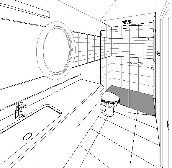 3/4 bathroom 3D rendering designed by Silent Rivers, Des Moines retains the round window, removes the half wall and uses mirror and horizontal tile to wrap the space