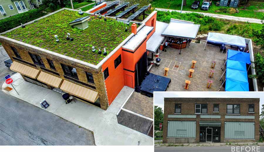 before and after photo of Green & Main pilot project at 800 19th St, Des Moines, Iowa shows aerial view of green roof, solar panels, permeable pavers