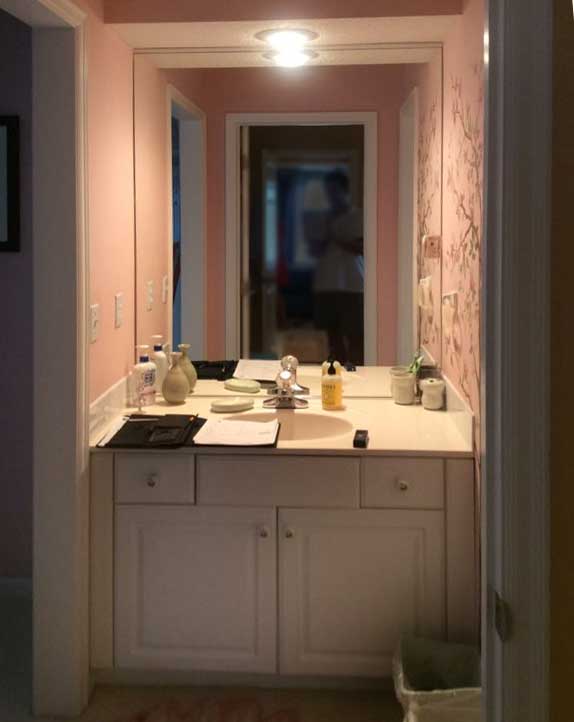 before photo of Jack & Jill vanity in need of redesign by bathroom remodeler Silent Rivers of Des Moines