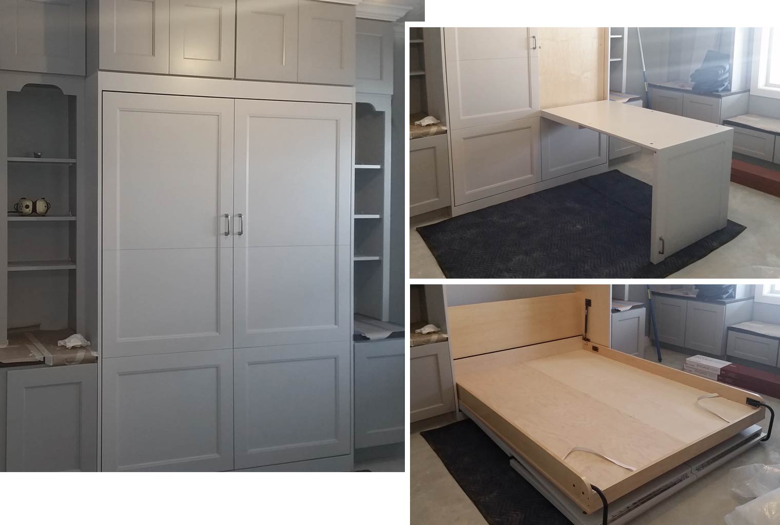 custom cabinet murphy bed collapsible desk in basement remodel in Urbandale, Iowa by Silent Rivers