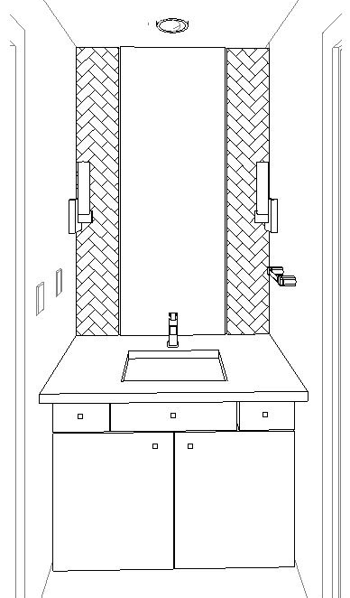 3D rendering for Jack & Jill bathroom vanity designed by bathroom remodeler Silent Rivers of Des Moines saves money by refacing the vanity base and using the recycled mirror from the master bathroom remodel