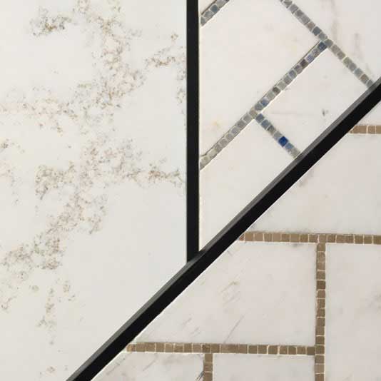 material swatches for Jack & Jill vanity areas designed by bathroom remodeler Silent Rivers of Des Moines feature quartz countertops and marble herringbone tile accents