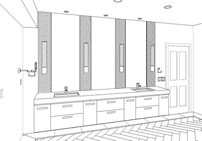 master bathroom design rendering with large floating vanity, vertical mirrors, herringbone tile, sconces, granite slab designed by Silent Rivers, Des Moines, Iowa