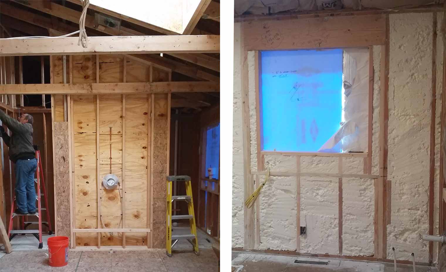 framing and new skylights and foam insulation are installed for master suite remodel in Granger, Iowa designed and built by Silent Rivers