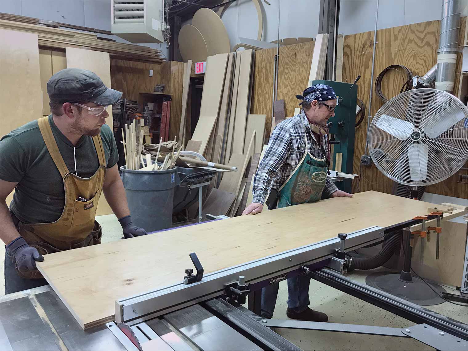 Alex Schlepphorst and Tom Bloxham creating custom cabinets in the Silent Rivers Woodshed out of maple veneer plywood