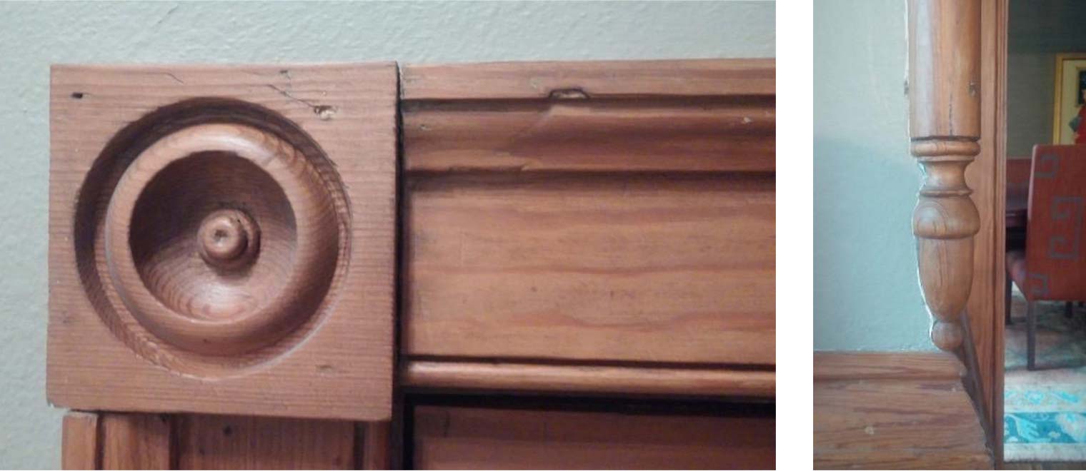 Carved corner block and turned wood corner guards woodwork details in Victorian Des Moines home will be matched by kitchen remodeler Silent Rivers Design+Build