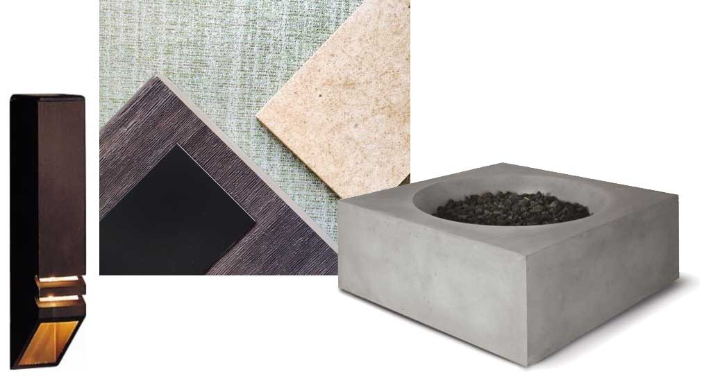 materials chosen by deck builders Silent Rivers of Des Moines, Iowa include dark hickory composite decking, limestone fire bowl, oil rubbed bronze metal railing posts with cable rails and sage green cushions and louvered post lights.