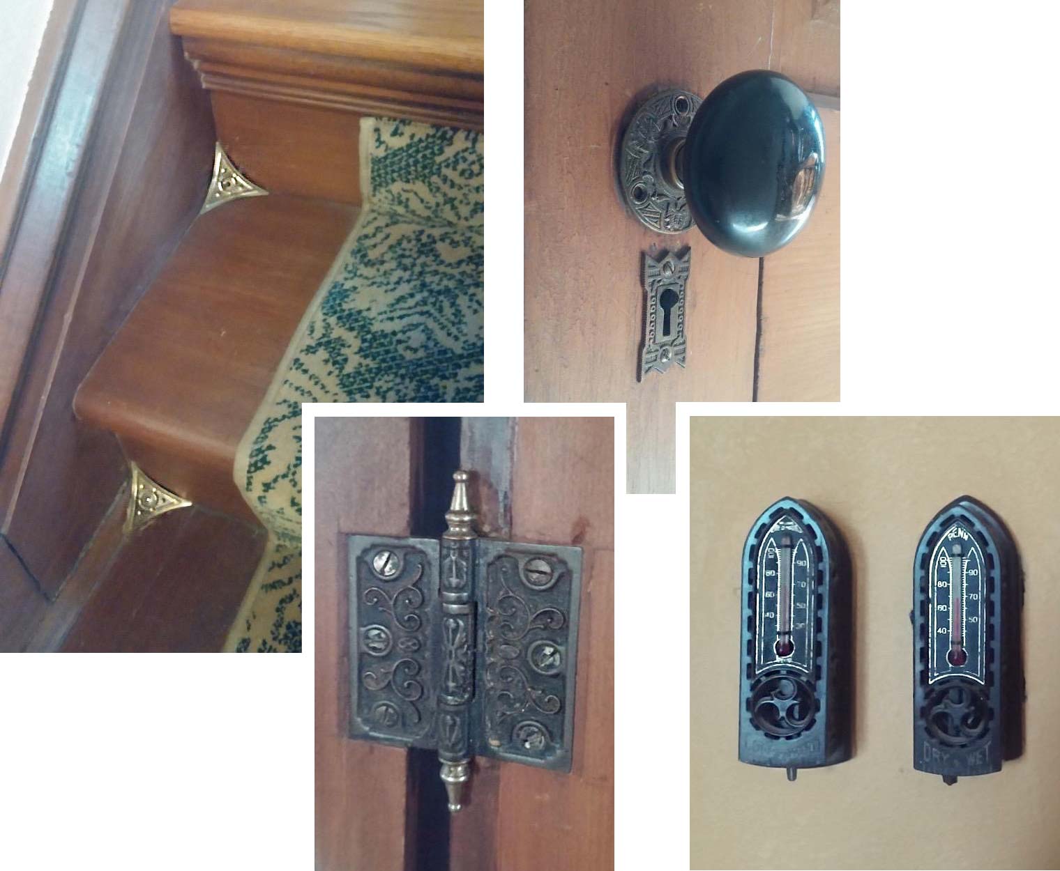 original brass corner stairs inlay, knobs and plates and cast iron wall controls in a Victorian Des Moines home being remodeled by Silent Rivers Design+Build who will match these details