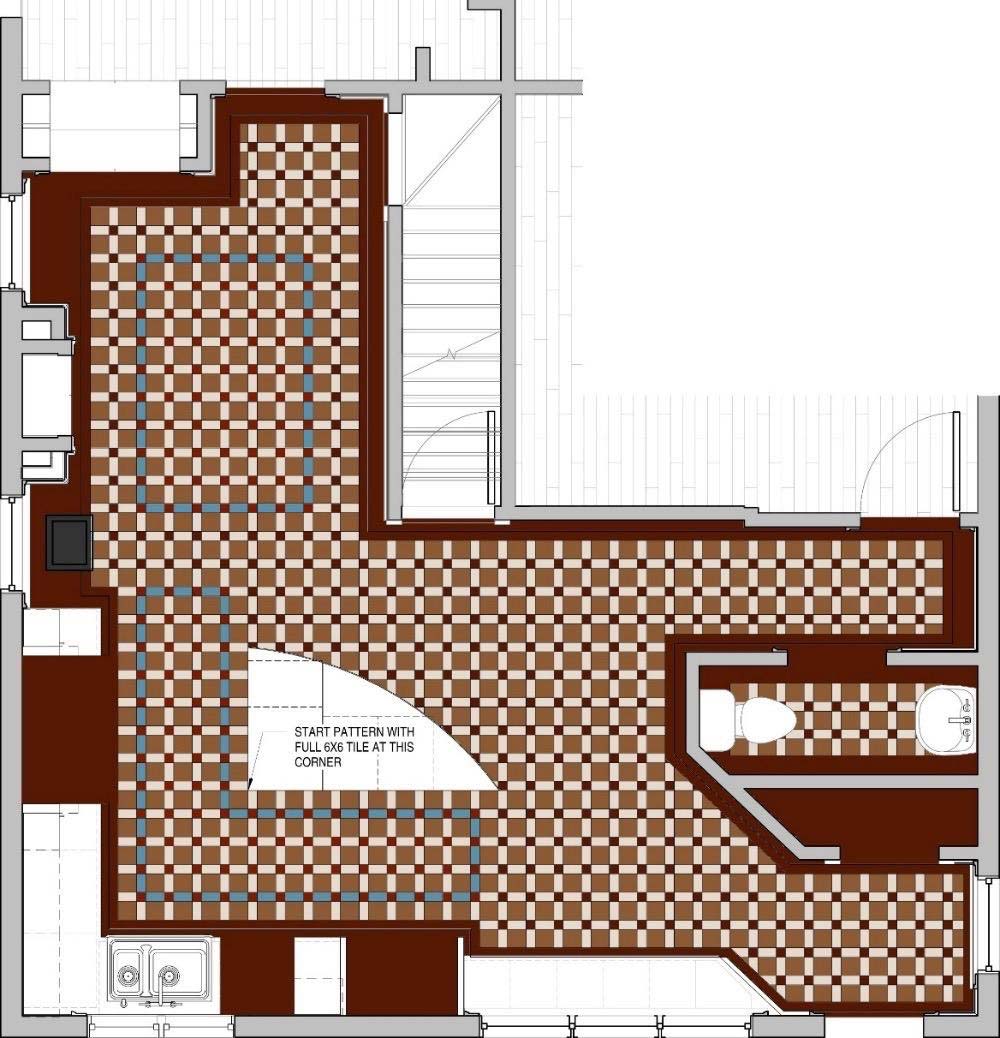 rendering of new kitchen floor tile shows blue inlays to simulate area rugs in Victorian Des Moines home being redesigned by kitchen remodeler Silent Rivers Design+Build of Des Moines, Iowa