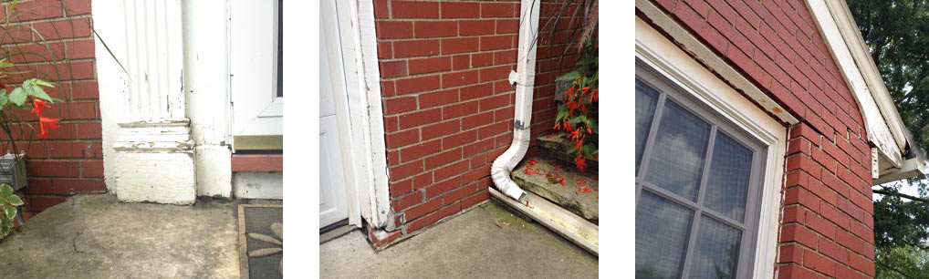 before photos of age issues at a 1935 Federal style home in Des Moines where wood elements and mortar are showing wear