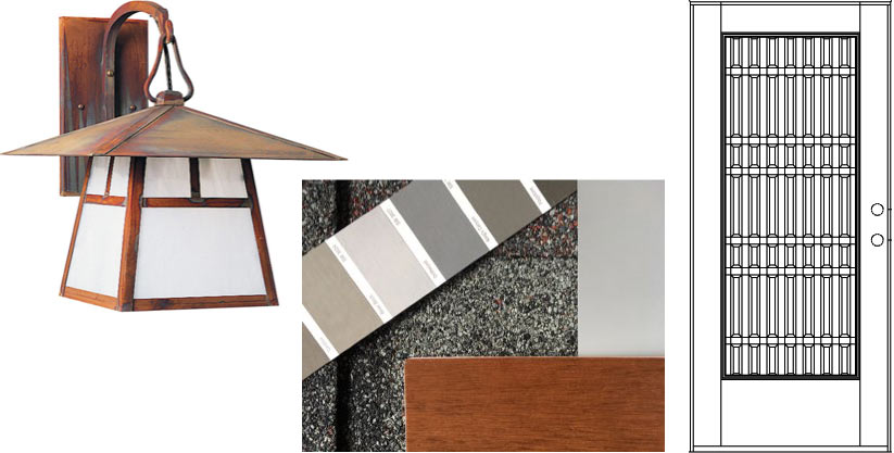 Arts & Crafts outdoor sconce light, leaded glass door, shingles and swatches for 1935 Des Moines Federal style home being updated by remodeler Silent Rivers