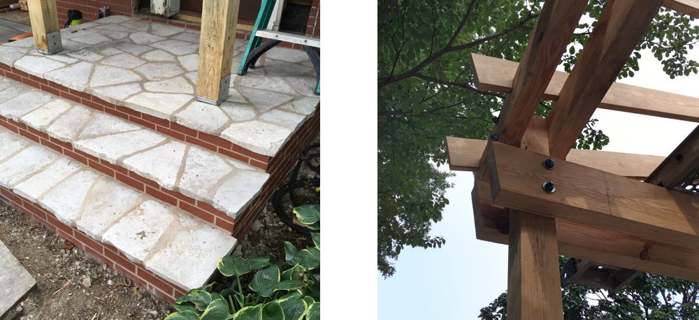 limestone steps entryway and carport frame details on 1935 Des Moines Federal style home by remodeler Silent Rivers