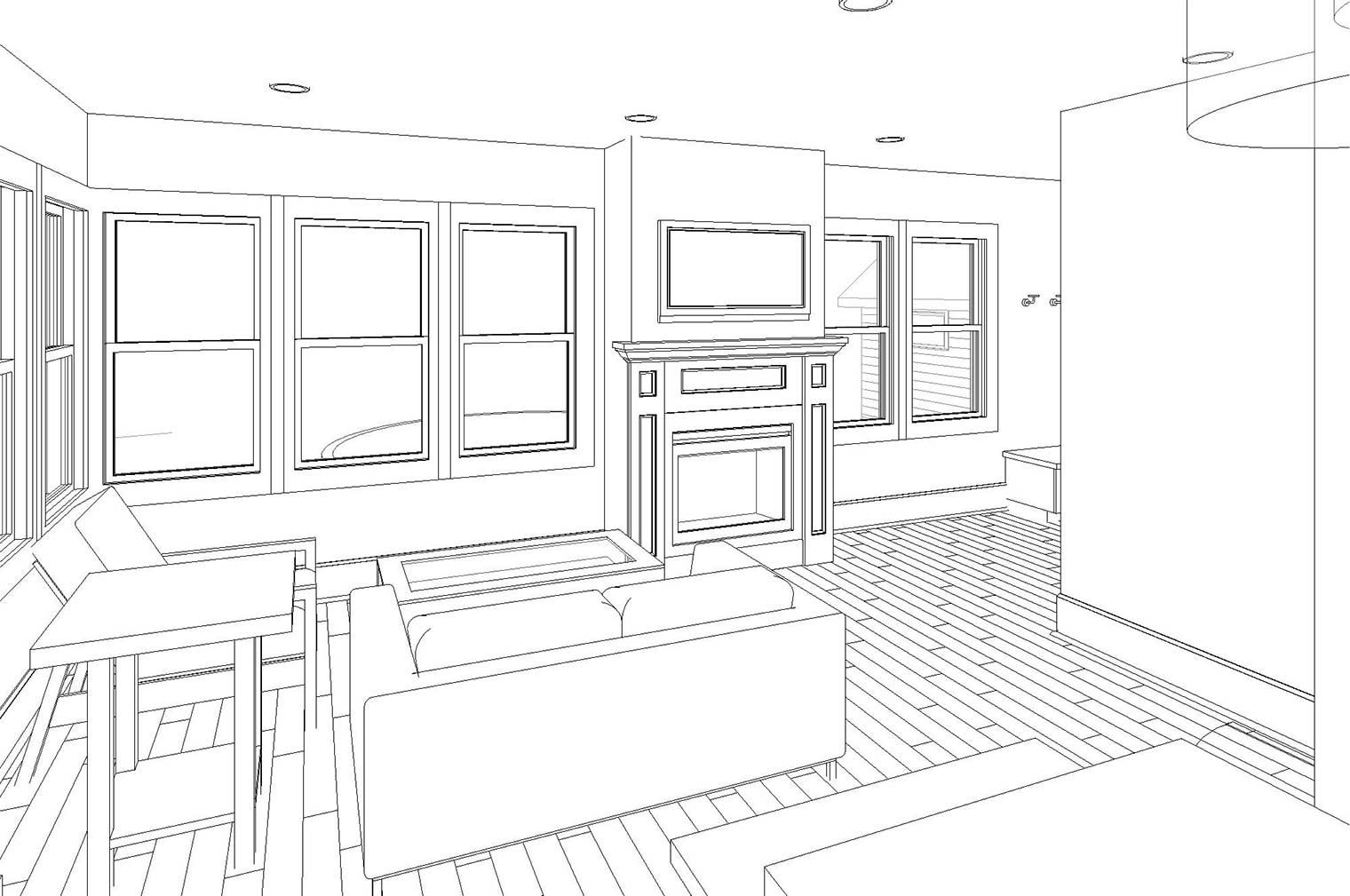 living room rendering of a 1920s Des Moines Craftsman house by remodeler Silent Rivers