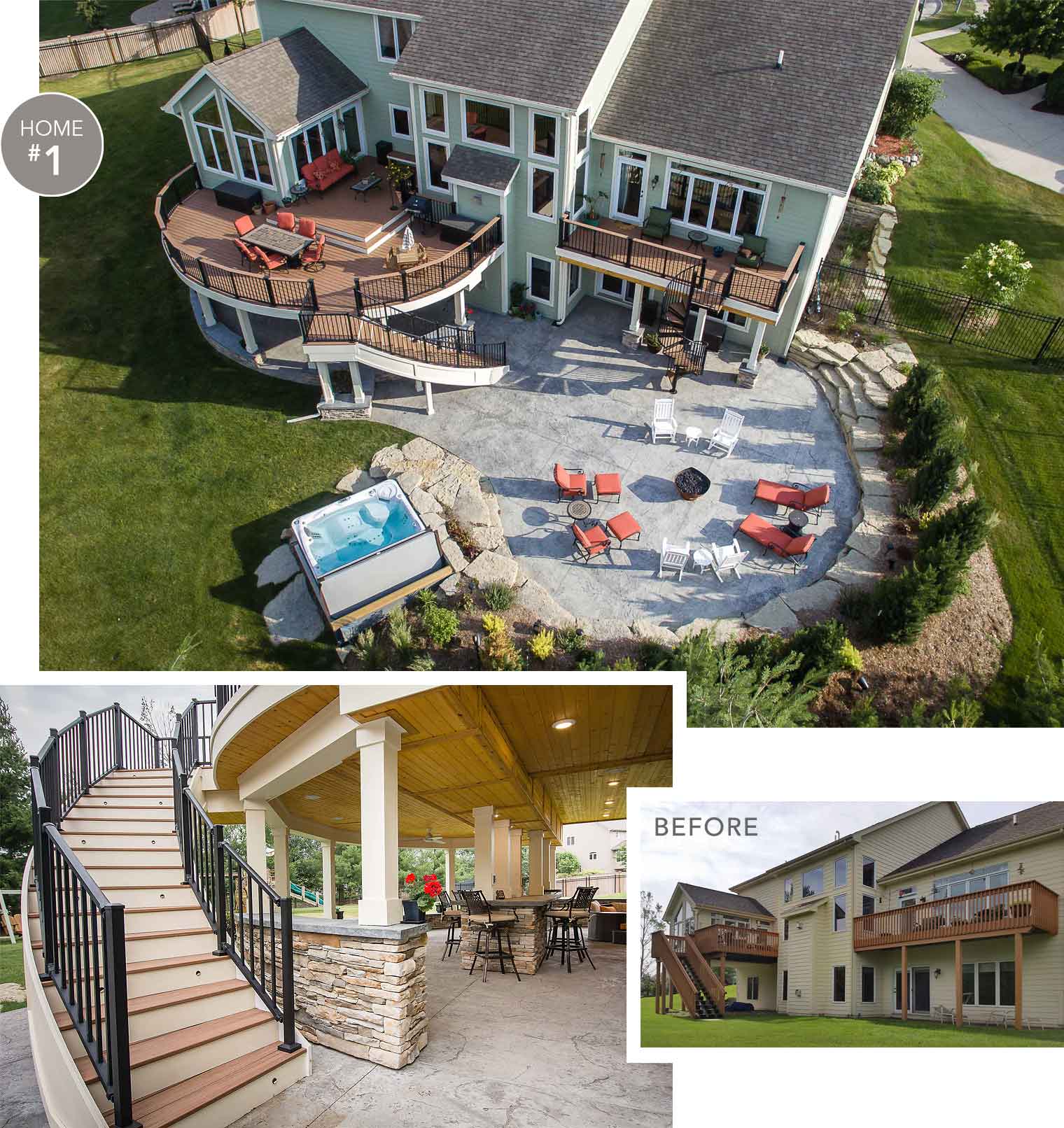 2017 Des Moines Tour of Remodeled Homes_New deck, patio and spa with curved staircase and outdoor bar alongside before photo prior to remodeler Silent Rivers of Des Moines