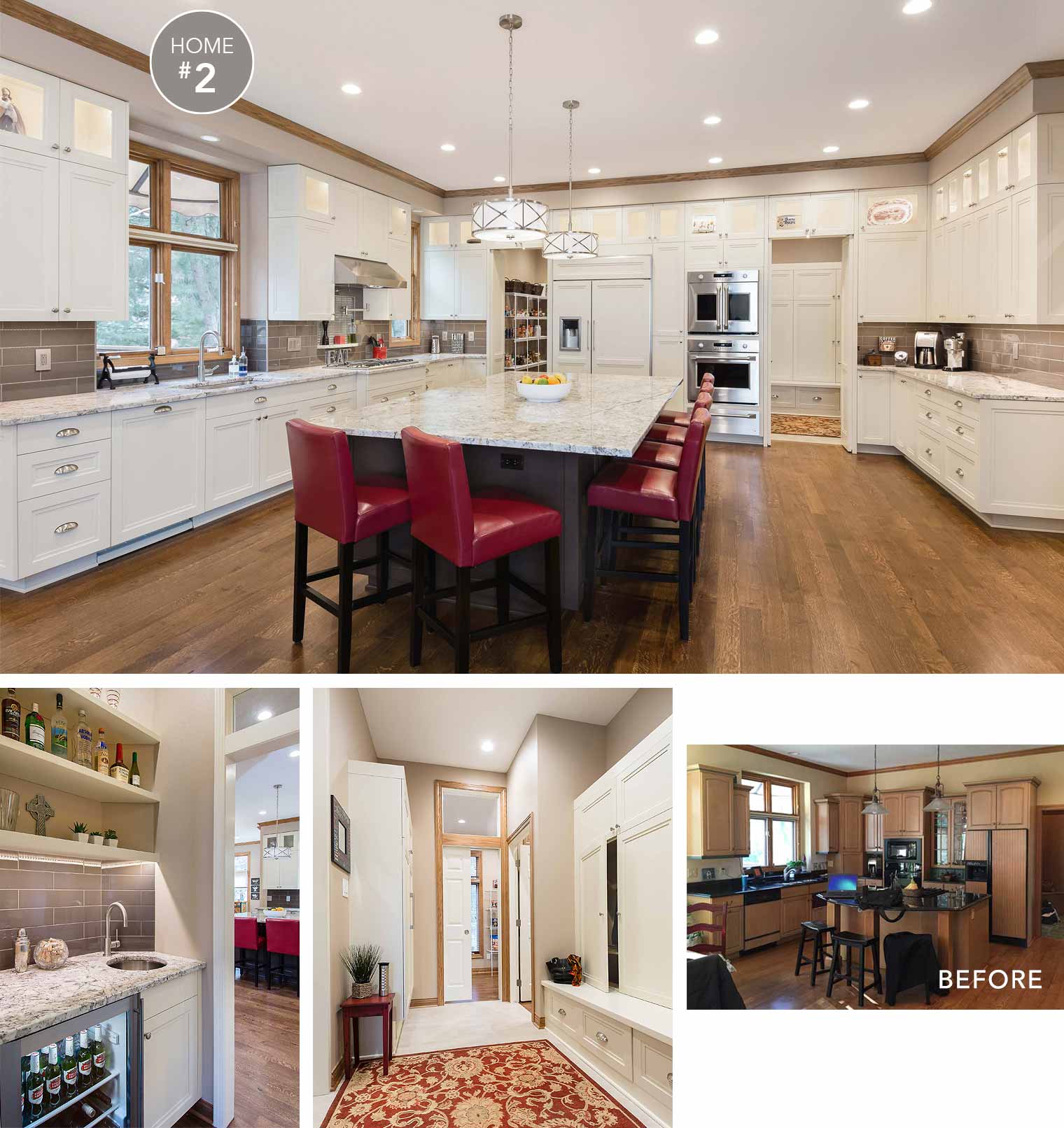 2017 Des Moines Tour of Remodeled Homes_before and after of large kitchen mudroom bar remodel by Silent Rivers of Des Moines