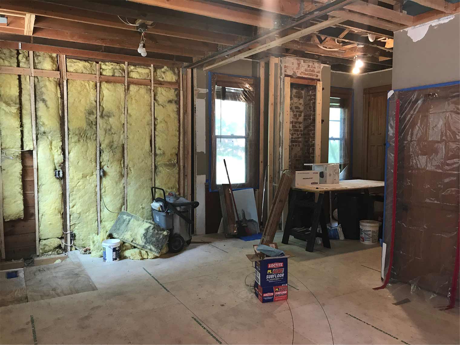 old home renovation_during remodel of kitchen in Des Moines Victorian home after column removed by Silent Rivers