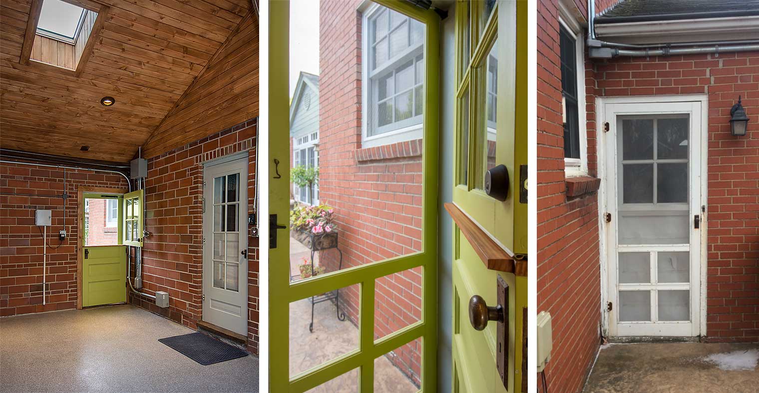 before and after garage on 1935 Des Moines Federal style home now features skylight and Dutch door by Silent Rivers
