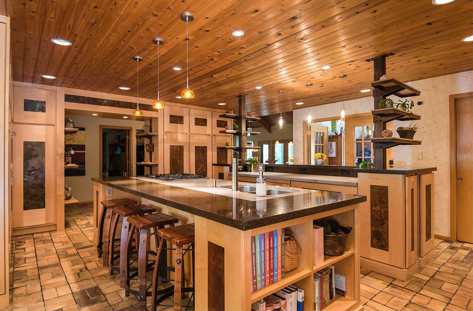 maple and steel custom cabinets, two island kitchen in Johnston designed and built by Silent Rivers