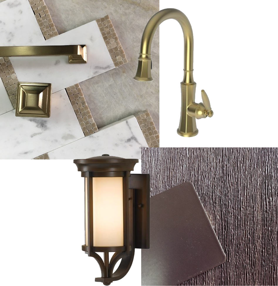 quartzite counters, marble backsplash, brass faucet, brass pulls, bronze exterior sconce, composite decking and railing Des Moines tudor house remodel by Silent Rivers