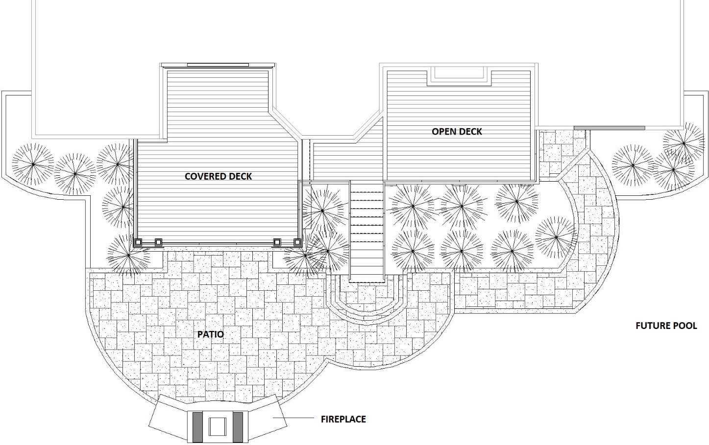 aerial view of plan for backyard retreat with covered and open deck, curved patio and outdoor fireplace designed and built by Silent Rivers for suburban Des Moines home