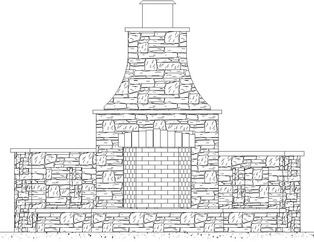 outdoor stone fireplace with scalloped chimney designed by Silent Rivers for suburban Des Moines backyard