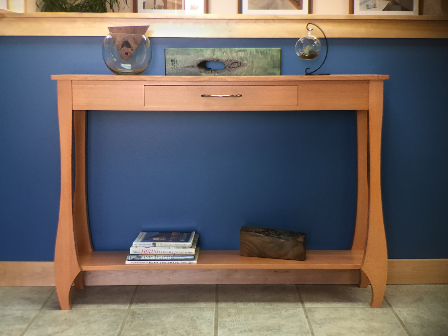 custom hall table with silhouette legs designed and built by Silent Rivers to donate to YWRC Gala