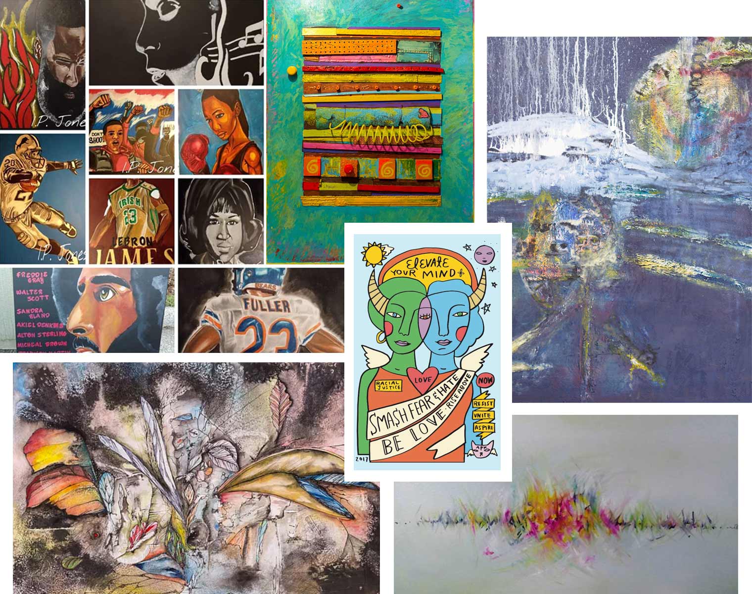 Silent Rivers 25th dsm Unveiling Party features artists, including (clockwise from upper left) Iven Jones, Gary Usovsky, Robert Moore, Jill Wells, Sandra Gustafson and Amy Putney Koenig (center).