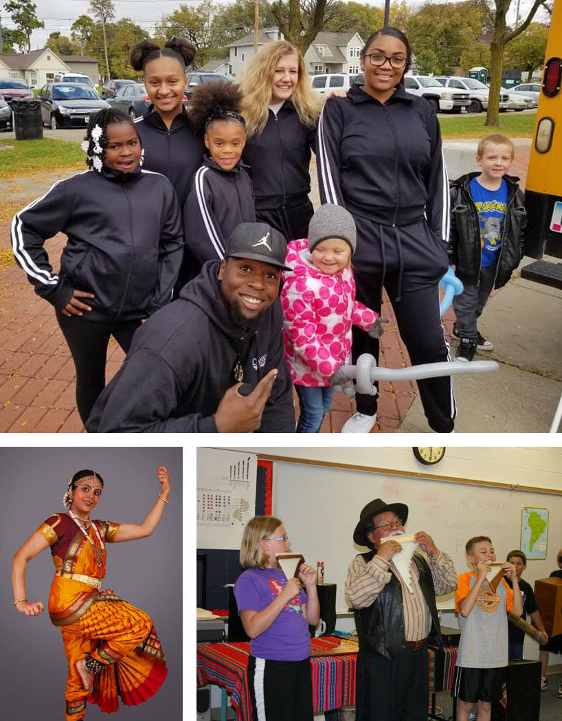 CultureALL ambassadors Hip Hop poet Emmett Phillips teaching in our community, Bollywood dancer Pragnya Yogesh, and Peruvian pan flute artist Cucho Madero