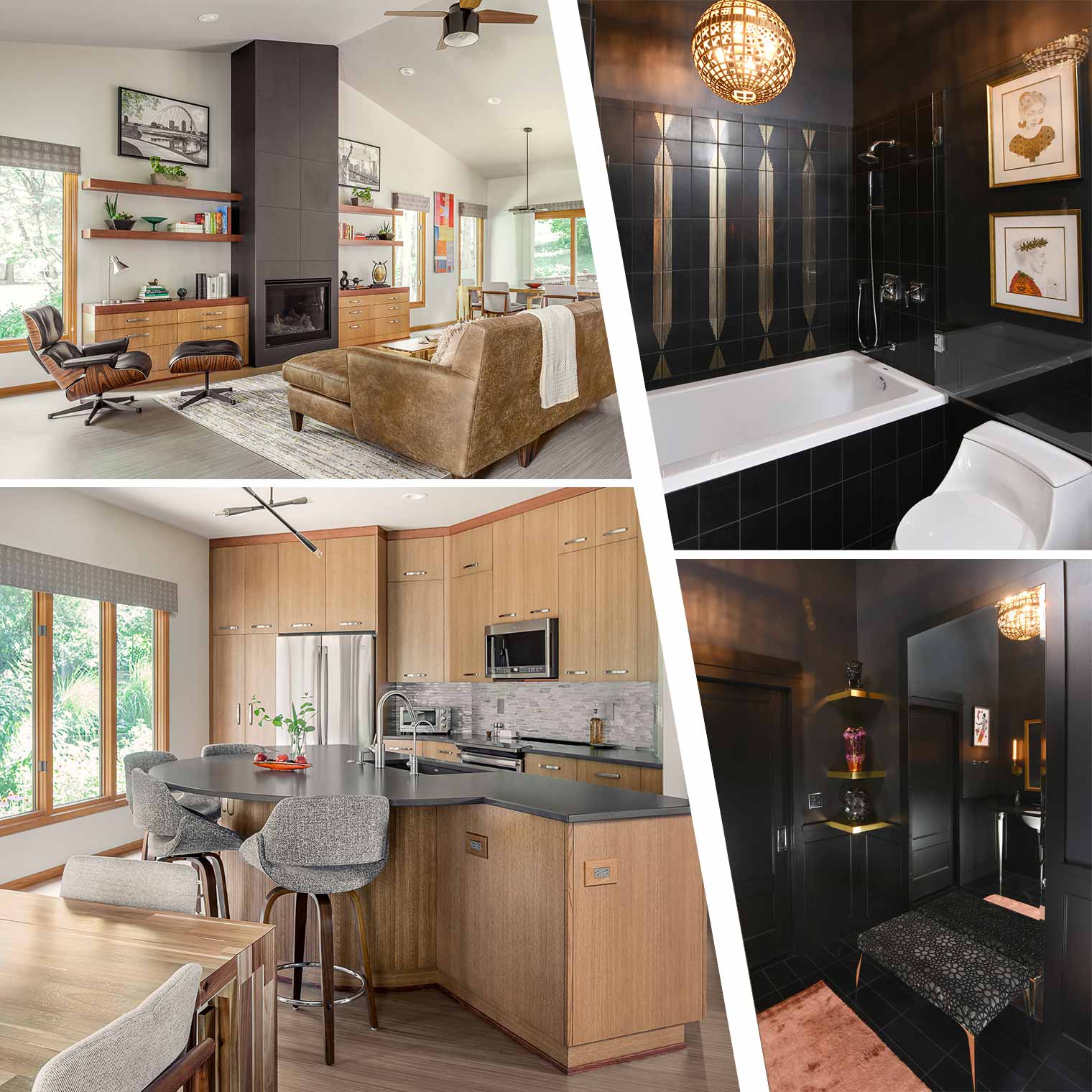 custom cabinet kitchen living room tall fireplace and black white gold bathroom